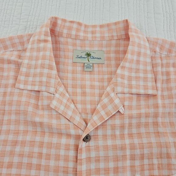 Island Shores Linen Blend Short Sleeve Button Shirt Men's XXL Orange White EUC - Picture 6 of 14